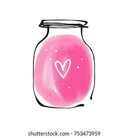 Vector hand-drawn jar, vessel, bulb, flask. Heart, gift, bauble, magic object, fairy-tale. Illustration, print, postcard, element for design. Isolated objects.