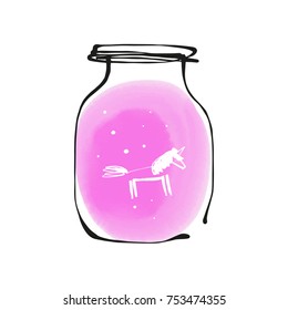 Vector hand-drawn jar, vessel, bulb, flask. Unicorn, gift, bauble, magic object, fairy-tale. Illustration, print, postcard, element for design. Isolated objects.