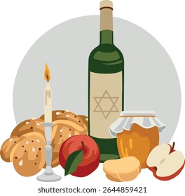 Vector hand-drawn Jewish High Holidays (Rosh Hashanah, Jewish New Year) composition with traditional food: challah, candle, apple, honey and Star of David. Pre-made greeting card template