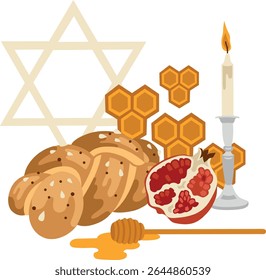 Vector hand-drawn Jewish High Holidays (Rosh Hashanah, Jewish New Year) composition with traditional food: challah, candle, honey, pomegranate and Star of David. Pre-made greeting card template
