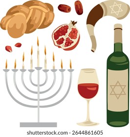 Vector hand-drawn Jewish High Holidays (Rosh Hashanah, Jewish New Year) elements and traditional food: challah, menorah, dates, pomegranate, shofar and wine with a Star of David