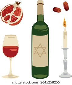 Vector hand-drawn Jewish High Holidays traditional food illustrations: pomegranate, wine, dates and Star of David. All the elements are isolated, you could move it and change the size