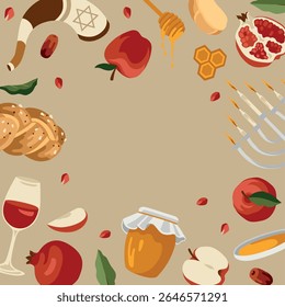 Vector hand-drawn Jewish High Holidays (Rosh Hashanah) composition: menorah, shofar, apple, pomegranate, honey, challah. Greeting card template, Jewish New Year