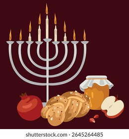 Vector hand-drawn Jewish New Year (Rosh Hashanah) pre-made card composition: menorah, pomegranate, honey, apple, challah