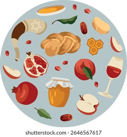 Vector hand-drawn Jewish New Year (Rosh Hashanah) composition: honey, pomegranate, apple, shofar, challah illustrations. Pre-made greeting card template, Jewish High Holidays