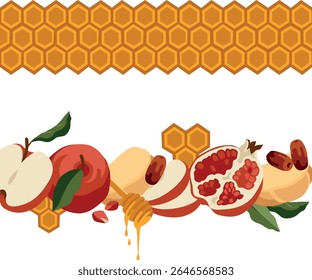 Vector hand-drawn Jewish New Year (Rosh Hashanah) borders: honeycombs, pomegranate, apple, challah illustrations. Pre-made template, Jewish High Holidays