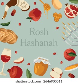 Vector hand-drawn Jewish New Year (Rosh Hashanah) card with traditional food: honey, challah, pomegranate, apple and shofar and text