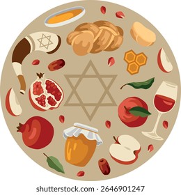 Cartão de Ano Novo Judaico (Rosh Hashaná) desenhado à mão com comida tradicional: mel, chalá, romã, maçã e shofar e Estrela de David