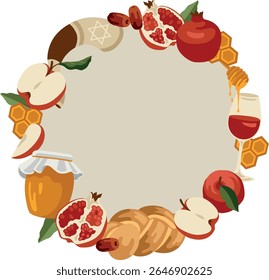 Vector hand-drawn Jewish New Year (Rosh Hashanah) card with traditional food: honey, challah, pomegranate, apple and shofar 