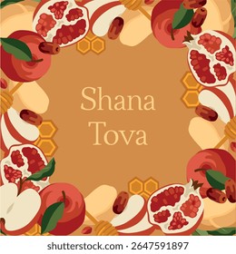 Vector hand-drawn Jewish New Year (Rosh Hashanah)  holiday greeting card: honey, apple, pomegranate, dates, challah, honeycombs. Jewish High Holidays collection