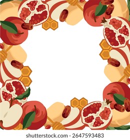Vector hand-drawn Jewish New Year (Rosh Hashanah)  holiday card design: honey, apple, pomegranate, dates, challah, honeycombs. Jewish High Holidays collection