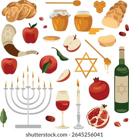 Vector hand-drawn Jewish Rosh Hashanah (New Year) set: menorah, traditional food, Star of David, shofar illustrations. All the elements are isolated, you could move it and change the size