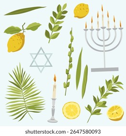 Vetor desenhado à mão judeu Sucot feriado elementos tradicionais: cítricos, folhas de palma, murta, salgueiro, Estrela de David e menorá. Coleção de feriados judaicos