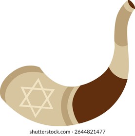 Chifre tradicional judaico desenhado à mão (shofar) com Estrela de David, isolado sobre fundo branco