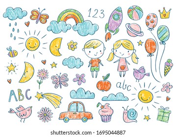 Vector hand-drawn kids doodle set. Drawings for children in color on white background. School, preschool, kindergarten baby shower related design elements set.