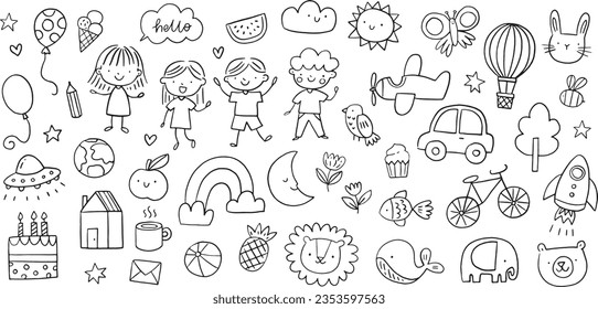 Vector hand-drawn kids doodle set. Drawings for children on white background. Children, baby, school related design elements set.	