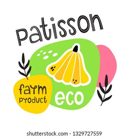 Vector hand-drawn label. Farm vegetables. Patisson eps 10