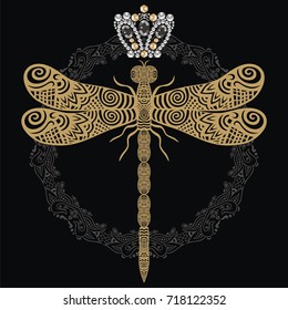 Vector hand-drawn lacy dragonfly in ornate doodle and jewelry crown vintage pattern. Victorian heraldry emblem embroidery gold medal badge. It can be used as a tattoo, embroidery, print clothes, bags