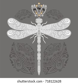 Vector hand-drawn lacy dragonfly in ornate doodle and jewelry crown retro pattern. Victorian heraldry emblem embroidery silver medal badge. It can be used as a tattoo, embroidery, print clothes, bags.