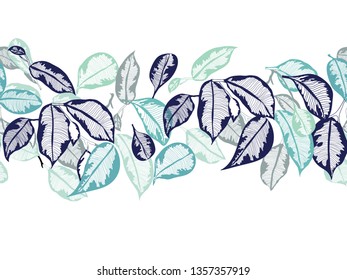 Vector hand-drawn leaves tropical botanical foliage seamless horizontal pattern outline border ribbon, banner
