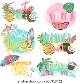 Vector hand-drawn lettering with illustrations of leaves of palm trees, surfing, cocktails, etc. Summer labels, logos, hand drawn tags and elements set for summer holiday