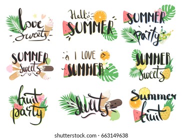 Vector hand-drawn lettering with illustrations of leaves of palm trees, fruits, cocktails, etc. Summer labels, logos, hand drawn tags and elements set for summer holiday. Summer sweets and ice cream