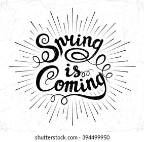 Vector hand-drawn lettering typographic design. Spring is coming. Light rays of burst. Ink sunbursts.