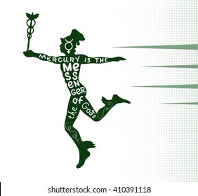 Vector hand-drawn lettering typographic design. Mercury is the messenger of the Gods. Mercury. Hermes. God of trade and athletes. 