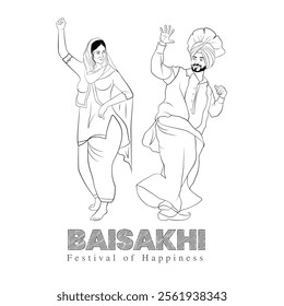 A vector hand-drawn line art of Punjabi couple, A festival of Punjabi people, Celebrating crops cutting festival in Punjab