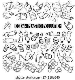 vector hand-drawn linear set on the theme of "ocean plastic pollution". the set consists of linear drawings of oceanic plastic trash: plastic bags, bottles, cups, tubes, spoons, forks, ear sticks