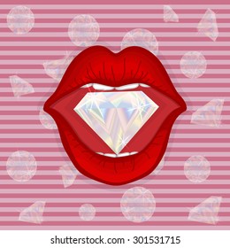 Vector hand-drawn lips with diamond on striped background with falling transparent precious stones