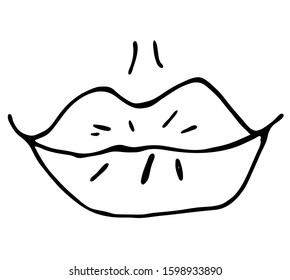 Vector hand-drawn lips in vintage style. Closed mouth logo suitable for icons in a minimalistic style.Vector outline stock  illustration, isolated on white background. Vector for icon or logo.