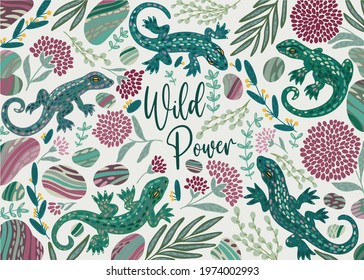 Vector hand-drawn Lizard illustration with jungle flora, flowers on a white background. Cute baby animals. Background for fabric, textile, posters, gift wrapping paper. Print for kids, baby, child.