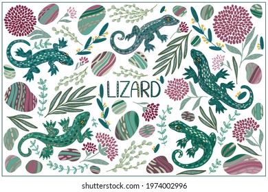 Vector hand-drawn Lizard set with jungle flora, flowers on a white background. Cute baby animals. Greeting card, poster design. Trendy childish print. Isolated design elements for children.