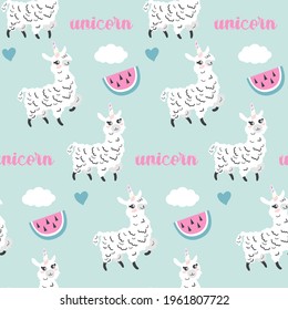 Vector. Hand-drawn llama with unicorn horn. Llama unicorn. Cute wallpaper with llamas, watermelon slices, clouds, hearts and hand drawn lettering unicorn. The idea for the design of a nursery, posters