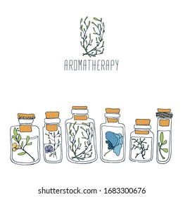 Logotipo vectorial hecho a mano con botellas transparentes de esencial con hierbas frescas y flores.