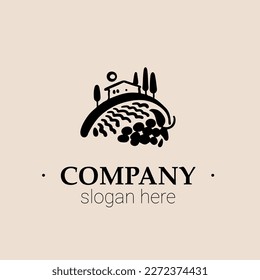 Logotipo grabado a mano Vector paisaje vitícola para la producción de vino, empresa turística