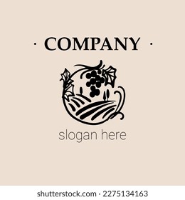 Vector hand-drawn logo Vineyard landscape for wine production, tourism company