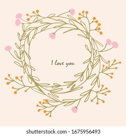 Tarjeta de amor con bayas, hojas en una corona y texto - amor. Diseño de tarjetas de felicitación del día de San Valentín. Impresión romántica para un pantalones o afiche.
