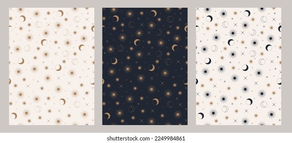 Vector hand-drawn magic bohemian seamless pattern set Constellations, sun, moon, magic stars mystical esoteric abstract background bundle