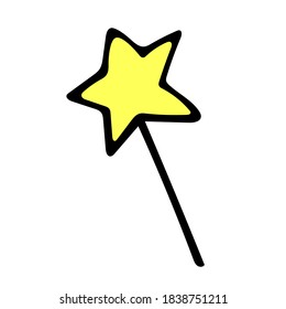 vector hand-drawn magic wand with a star. Doodle icon, sticker, print. attribute for a Halloween costume