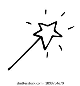 vector hand-drawn magic wand with a star. Doodle icon, sticker, print, sketch. attribute for a Halloween costume