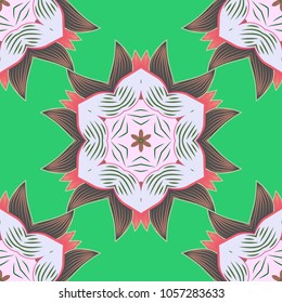 Vector hand-drawn mandala, colored abstract pattern on a green, gray, neutral, pink and brown colors.