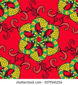Vector hand-drawn mandala, colored abstract pattern on a red, green, black, yellow and pink colors.