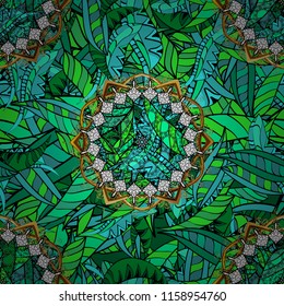 Vector hand-drawn mandala, colored abstract pattern on a green, black and blue colors.