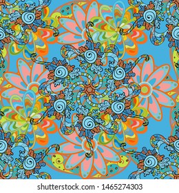 Vector hand-drawn mandala, colored abstract pattern on a blue, orange and green colors.