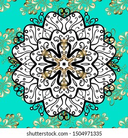 Vector hand-drawn mandala, colored abstract pattern on a black, blue and white colors.