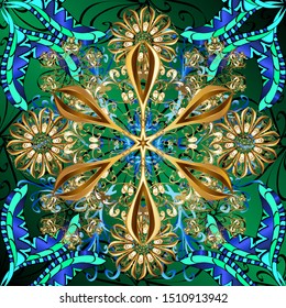 Vector hand-drawn mandala, colored abstract pattern on a black, green and blue colors.