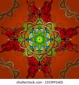 Vector hand-drawn mandala, colored abstract pattern on a red and orange colors.