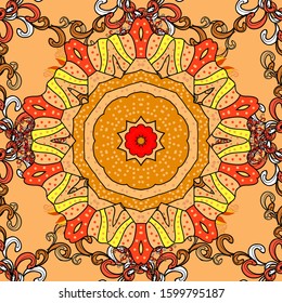 Vector hand-drawn mandala, colored abstract pattern on a yellow, orange and beige colors.